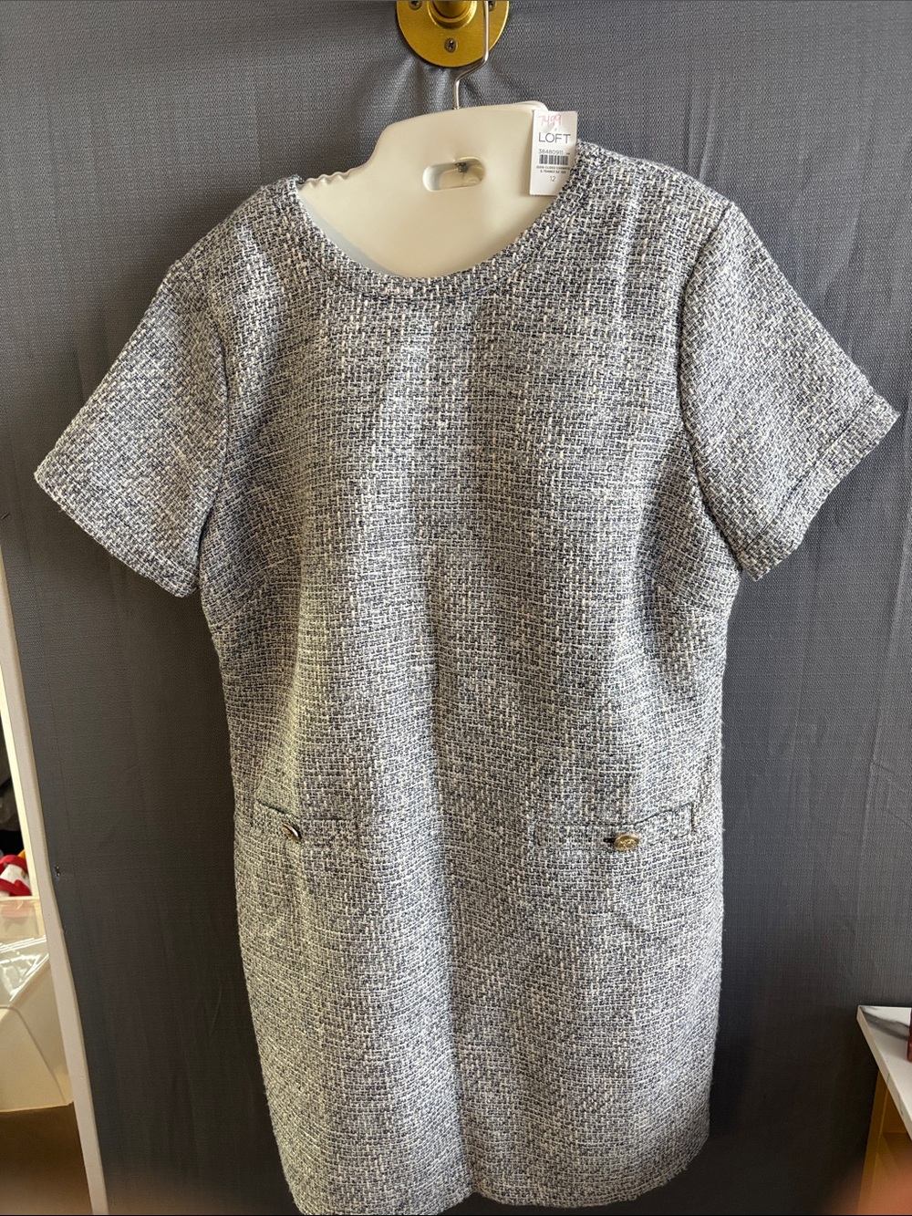 NWT LOFT Tweed Dress in Light Blue & White with Gold buttons on the pockets